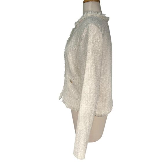 Rachel Zoe White Tweed Fringe Blazer Jacket Gold Buttons Large Quiet Luxury - Picture 3 of 11